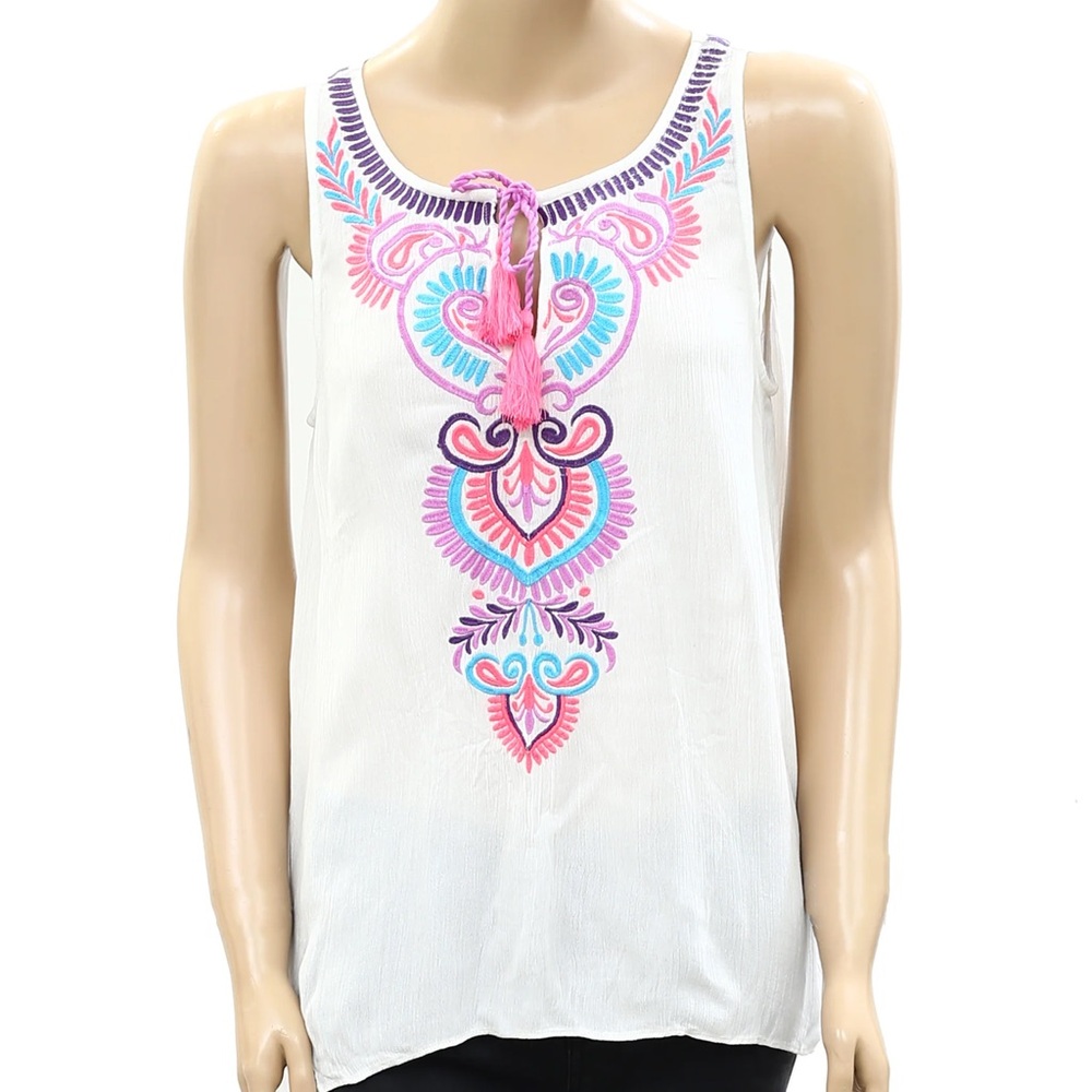NWT Lilly Pulitzer Jackie Top w/ Pink Purple and Blue Embroidery and tassels XS